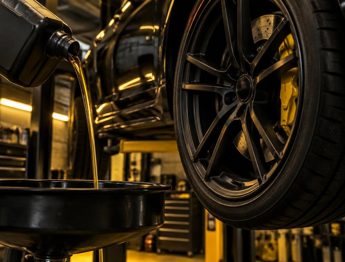 Fresh oil being poured beside a car wheel on a workshop lift